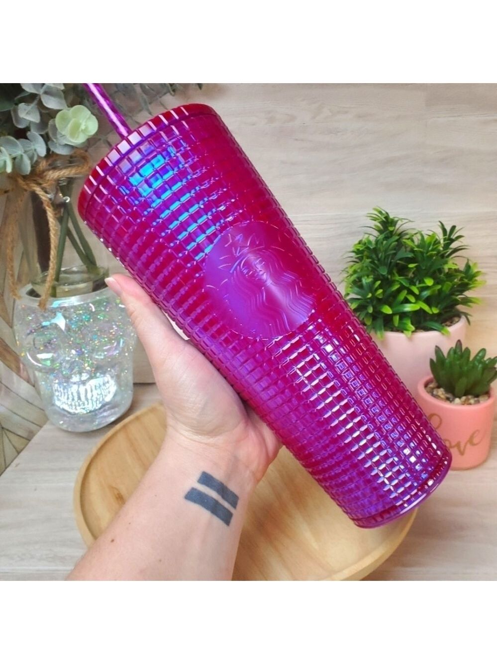 Starbucks Venti 24 oz Tumbler Pink Purple Grid Iridescent NWT